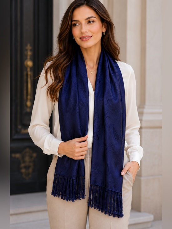 Van Heusen Accessories - Van Heusen 100% Silk Navy Blue Paisley Scarf Wrap Shawl Fringe
